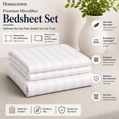 Homecrown White Satin Stripe Glace Cotton Double Bedsheet with 2 Pillow Covers (90 x 100 in) | Bedsheet | Homecrown