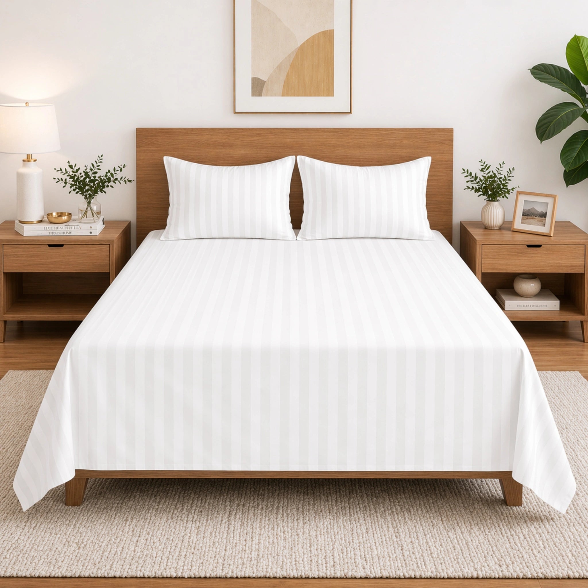 Homecrown White Satin Stripe Glace Cotton Double Bedsheet with 2 Pillow Covers (90 x 100 in) | Bedsheet | Homecrown
