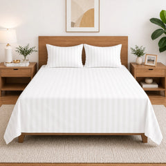 Homecrown White Satin Stripe Glace Cotton Double Bedsheet with 2 Pillow Covers (90 x 100 in) | Bedsheet | Homecrown