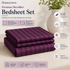 Homecrown Purple Wine Satin Stripe Glace Cotton Double Bedsheet with 2 Pillow Covers (90 x 100 in) | Bedsheet | Homecrown