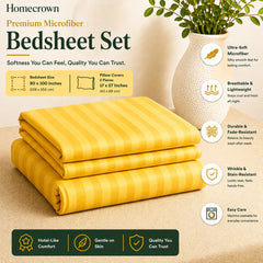 Homecrown Yellow Satin Stripe Glace Cotton Double Bedsheet with 2 Pillow Covers (90 x 100 in) | Bedsheet | Homecrown