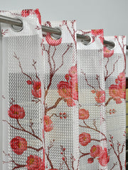 Homecrown Tissue Net Floral Print Curtains for Windows/Doors – Set of 2, Gulab- Maroon