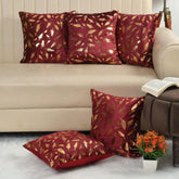 Homecrown Maroon Velvet Cushion Covers Set of 5 (16x16 Inch) with Golden Leaf Foil Print | Cushion Covers | Homecrown