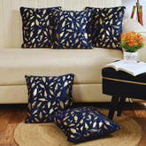 Homecrown Blue Velvet Cushion Covers Set of 5 (16x16 Inch) with Golden Leaf Foil Print | Cushion Covers | Homecrown