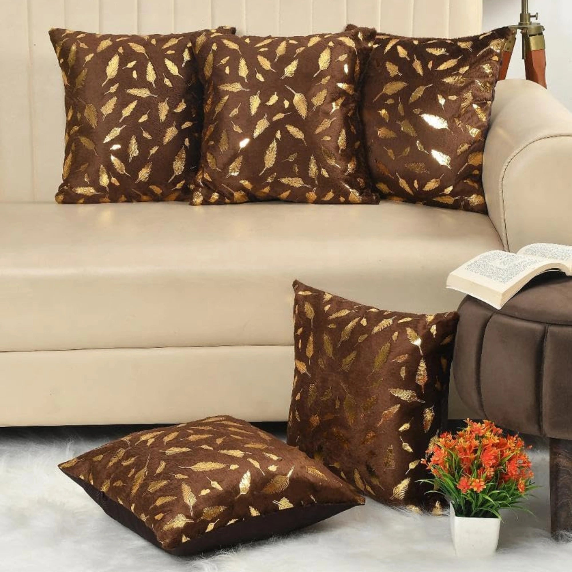 Homecrown Brown Velvet Cushion Covers Set of 5 (16x16 Inch) with Golden Leaf Foil Print | Cushion Covers | Homecrown