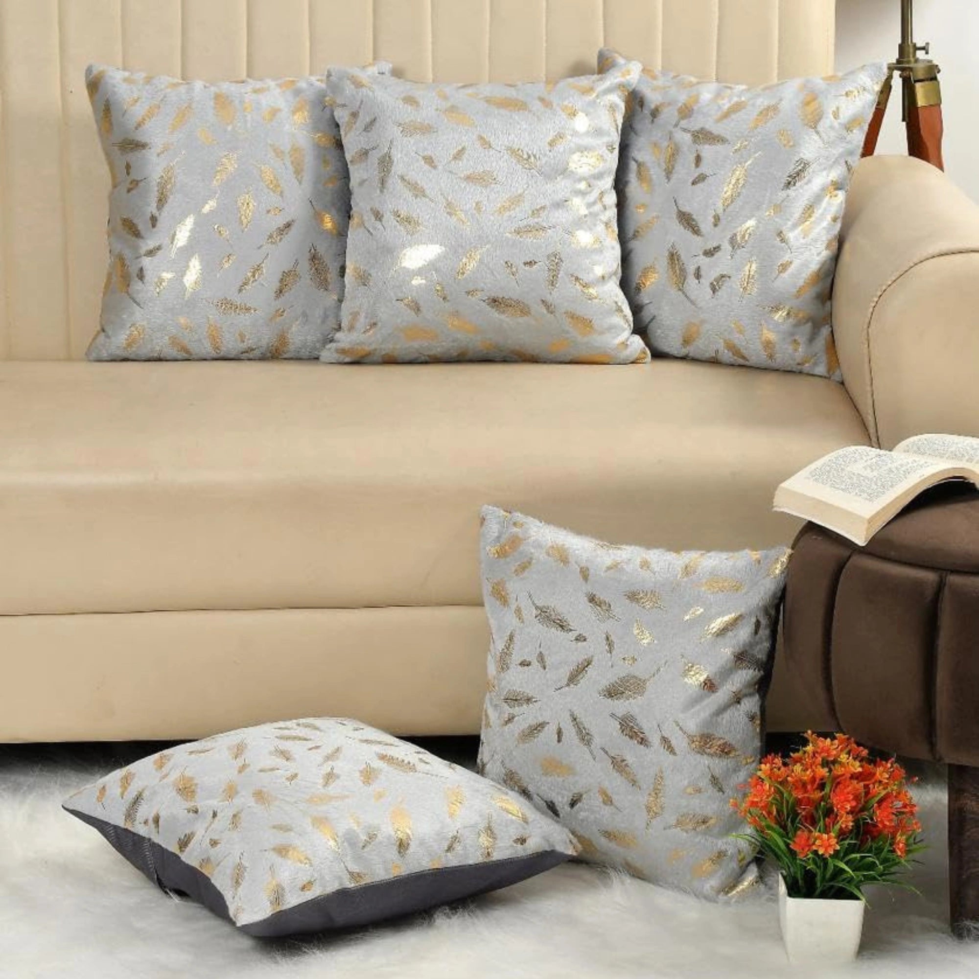 Homecrown Grey Velvet Cushion Covers Set of 5 (16x16 Inch) with Golden Leaf Foil Print | Cushion Covers | Homecrown