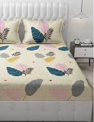 Homecrown Glace Cotton Elastic Fitted Bedsheet with 2 Pillow Covers (78X72 Inches, Cream)