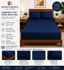 Homecrown Glace Cotton Elastic Fitted Double Bedsheet with 2 Pillow Covers – 360° Fit, Striped Navy Blue | Bedsheet | Homecrown