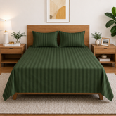 Homecrown Green Satin Stripe Glace Cotton Double Bedsheet with 2 Pillow Covers (90 x 100 in) | Bedsheet | Homecrown