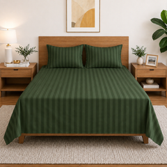 Homecrown Green Satin Stripe Glace Cotton Double Bedsheet with 2 Pillow Covers (90 x 100 in) | Bedsheet | Homecrown
