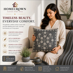 Homecrown Grey Floral Velvet Cushion Cover 16x16 Inch | Decorative Sofa Cushion Cover for Living Room & Bed | Cushion Covers | Homecrown