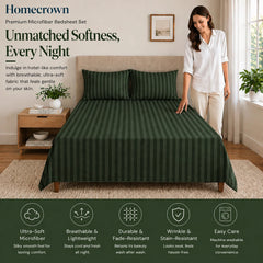 Homecrown Green Satin Stripe Glace Cotton Double Bedsheet with 2 Pillow Covers (90 x 100 in) | Bedsheet | Homecrown