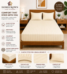 Homecrown Glace Cotton Elastic Fitted Double Bedsheet with 2 Pillow Covers – 360° Fit, Striped Beige | Bedsheet | Homecrown