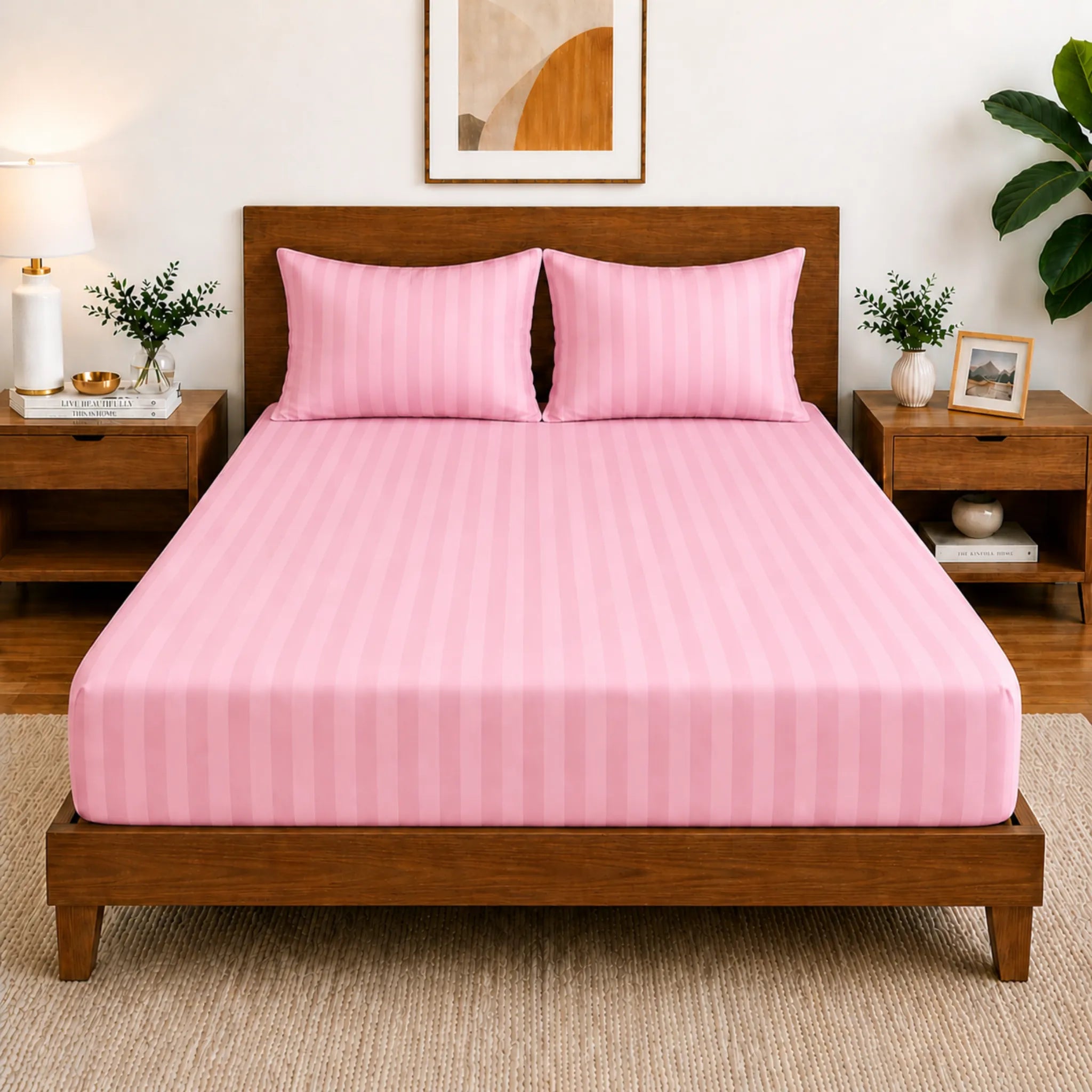 Homecrown Glace Cotton Elastic Fitted Double Bedsheet with 2 Pillow Covers – 360° Fit, Striped Pink | Bedsheet | Homecrown