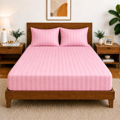 Homecrown Glace Cotton Elastic Fitted Double Bedsheet with 2 Pillow Covers – 360° Fit, Striped Pink | Bedsheet | Homecrown