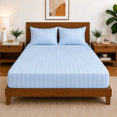 Homecrown Glace Cotton Elastic Fitted Double Bedsheet with 2 Pillow Covers – 360° Fit, Striped Aqua Blue | Bedsheet | Homecrown
