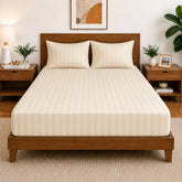 Homecrown Glace Cotton Elastic Fitted Double Bedsheet with 2 Pillow Covers – 360° Fit, Striped Beige | Bedsheet | Homecrown