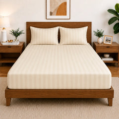 Homecrown Glace Cotton Elastic Fitted Double Bedsheet with 2 Pillow Covers – 360° Fit, Striped Beige | Bedsheet | Homecrown
