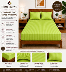 Homecrown Glace Cotton Elastic Fitted Double Bedsheet with 2 Pillow Covers – 360° Fit, Striped Lime Green | Bedsheet | Homecrown