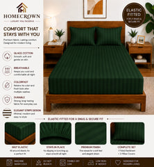 Homecrown Glace Cotton Elastic Fitted Double Bedsheet with 2 Pillow Covers – 360° Fit, Striped Green | Bedsheet | Homecrown