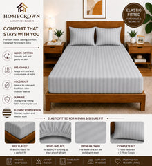 Homecrown Glace Cotton Elastic Fitted Double Bedsheet with 2 Pillow Covers – 360° Fit, Striped Silver | Bedsheet | Homecrown