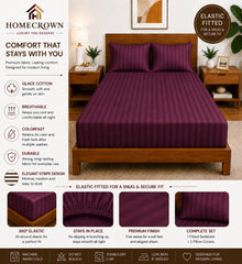 Homecrown Glace Cotton Elastic Fitted Double Bedsheet with 2 Pillow Covers – 360° Fit, Striped Purple Wine | Bedsheet | Homecrown
