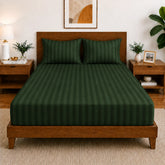 Homecrown Glace Cotton Elastic Fitted Double Bedsheet with 2 Pillow Covers – 360° Fit, Striped Green | Bedsheet | Homecrown