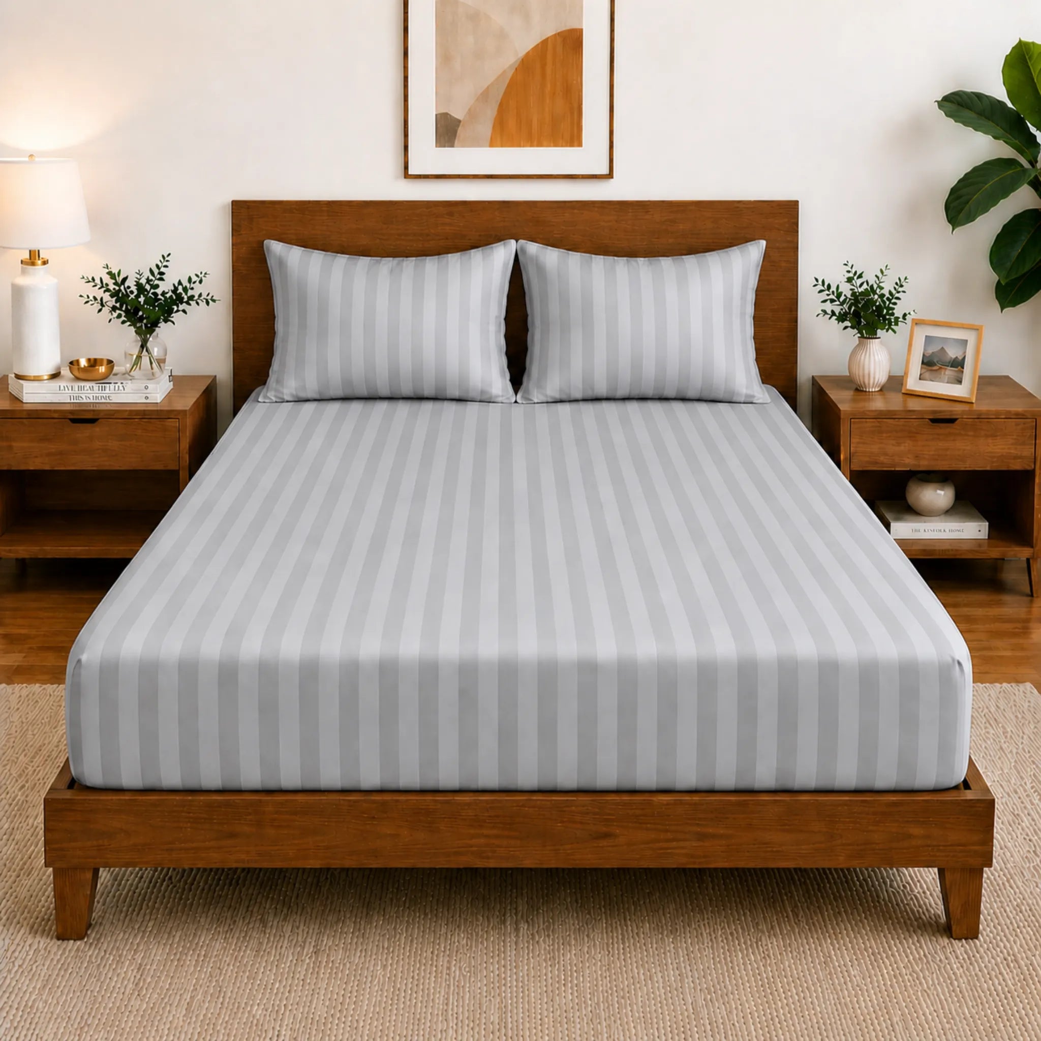 Homecrown Glace Cotton Elastic Fitted Double Bedsheet with 2 Pillow Covers – 360° Fit, Striped Silver | Bedsheet | Homecrown