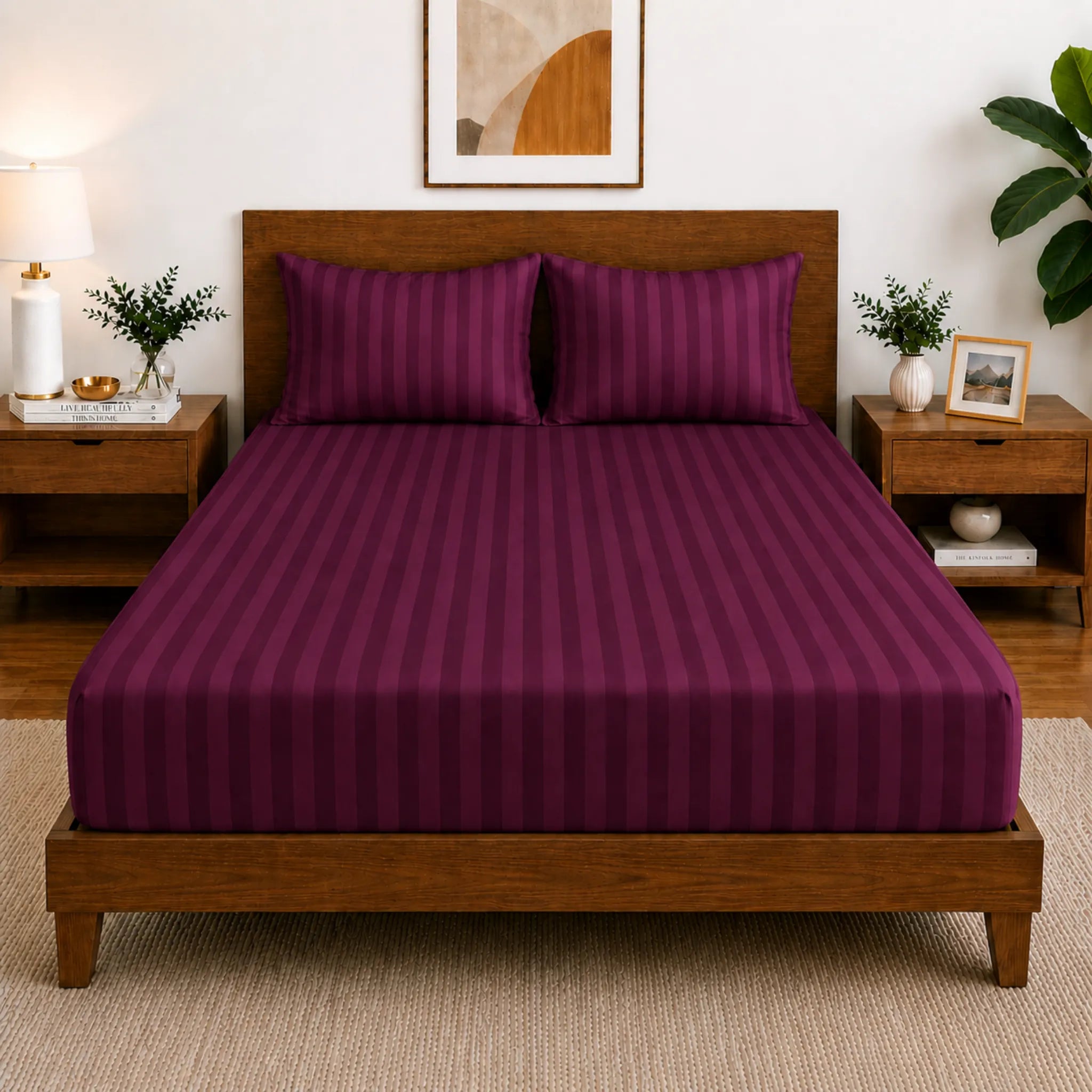 Homecrown Glace Cotton Elastic Fitted Double Bedsheet with 2 Pillow Covers – 360° Fit, Striped Purple Wine | Bedsheet | Homecrown
