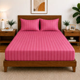Homecrown Glace Cotton Elastic Fitted Double Bedsheet with 2 Pillow Covers – 360° Fit, Striped Dark Pink | Bedsheet | Homecrown