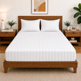 Homecrown Glace Cotton Elastic Fitted Double Bedsheet with 2 Pillow Covers – 360° Fit, Striped White | Bedsheet | Homecrown