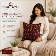 Homecrown Maroon Velvet Cushion Covers Set of 5 (16x16 Inch) with Golden Leaf Foil Print | Cushion Covers | Homecrown