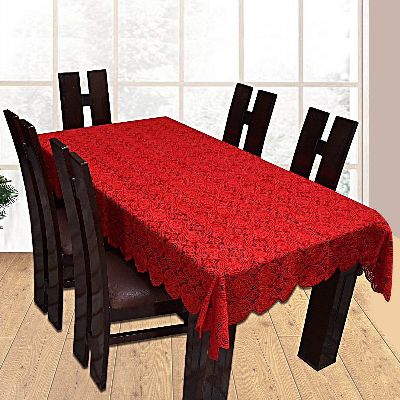 Homecrown Circle Design Cotton 6 Seater Dining Table Cover (Red, 60 X 90 Inches) | Table Cover | Homecrown