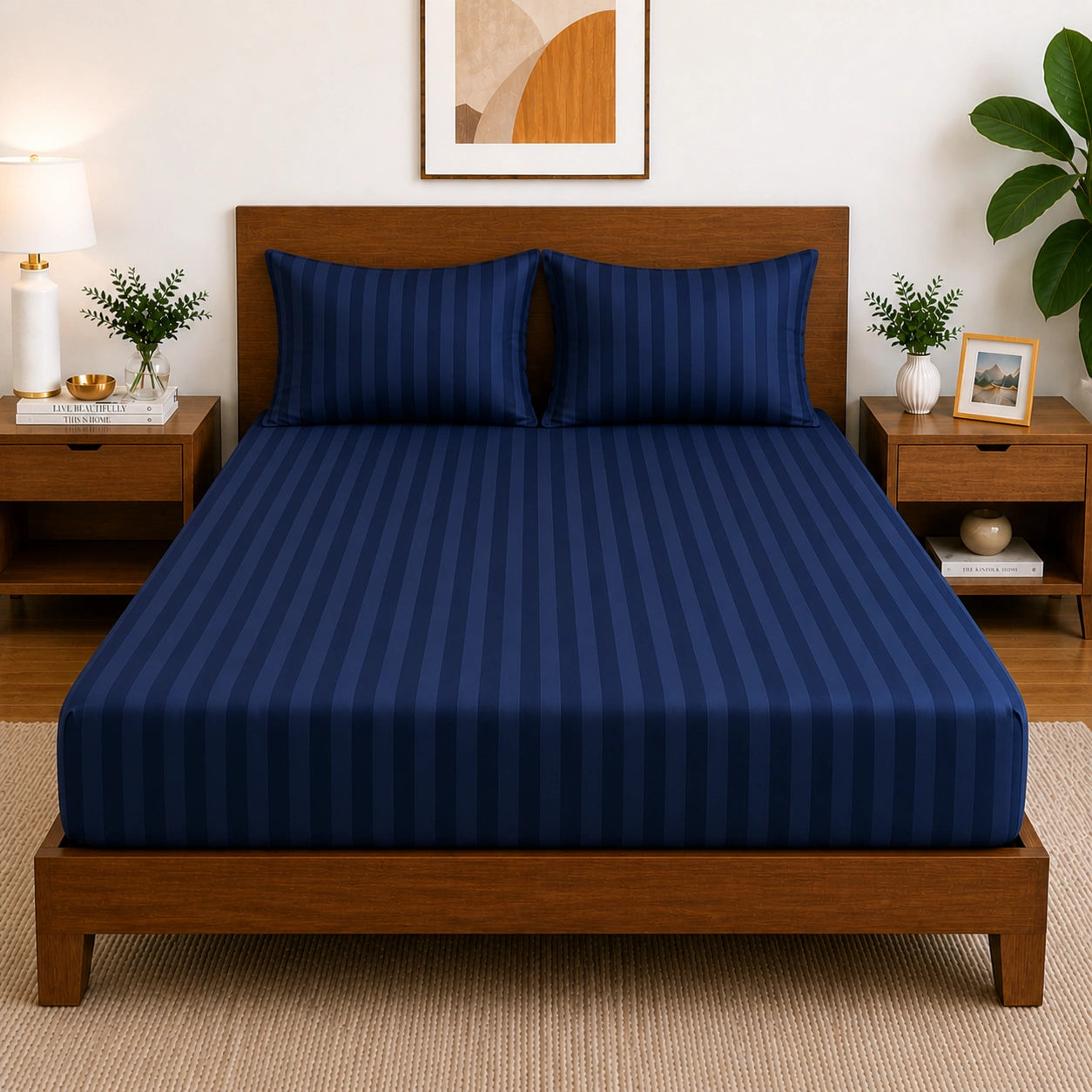 Homecrown Glace Cotton Elastic Fitted Double Bedsheet with 2 Pillow Covers – 360° Fit, Striped Navy Blue | Bedsheet | Homecrown