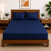 Homecrown Glace Cotton Elastic Fitted Double Bedsheet with 2 Pillow Covers – 360° Fit, Striped Navy Blue | Bedsheet | Homecrown