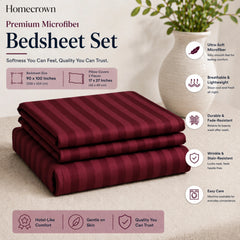 Homecrown Maroon Satin Stripe Glace Cotton Double Bedsheet with 2 Pillow Covers (90 x 100 in) | Bedsheet | Homecrown
