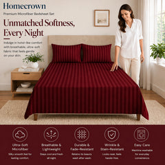 Homecrown Maroon Satin Stripe Glace Cotton Double Bedsheet with 2 Pillow Covers (90 x 100 in) | Bedsheet | Homecrown
