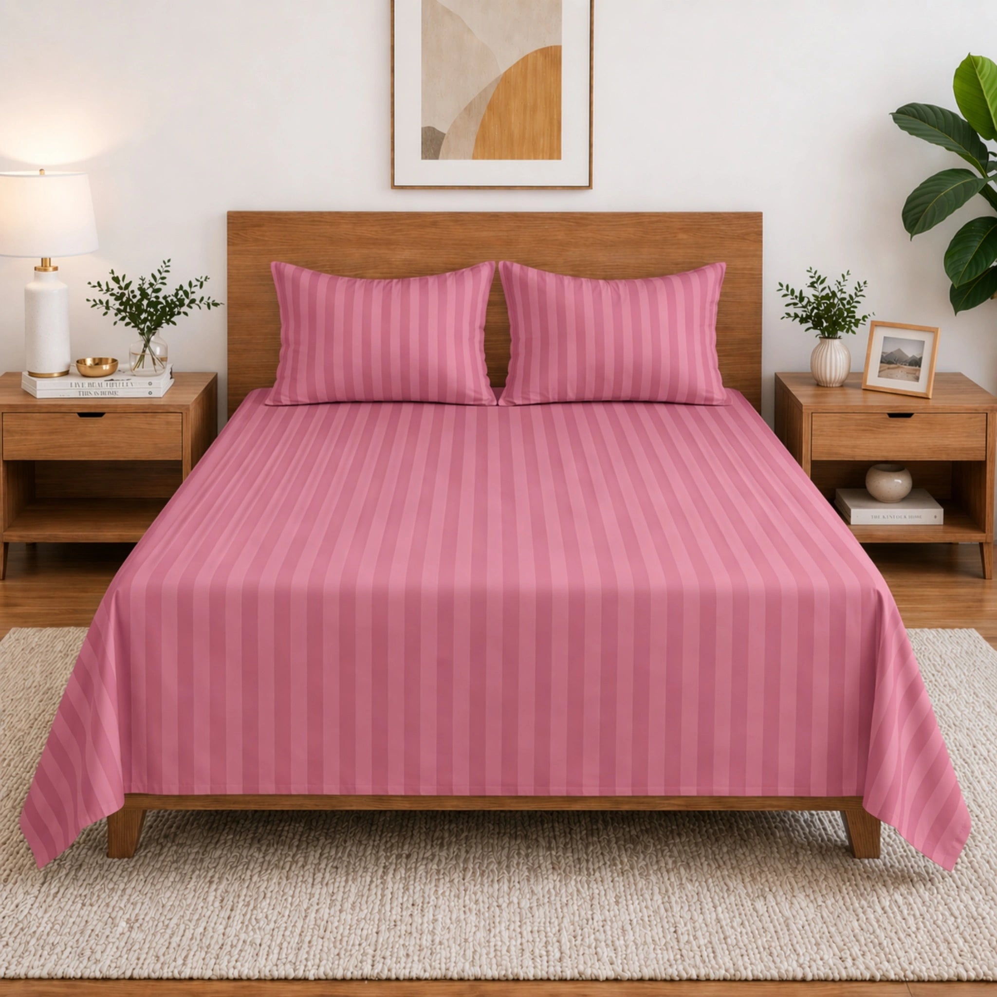 Homecrown Dark Pink Satin Stripe Glace Cotton Double Bedsheet with 2 Pillow Covers (90 x 100 in) | Bedsheet | Homecrown