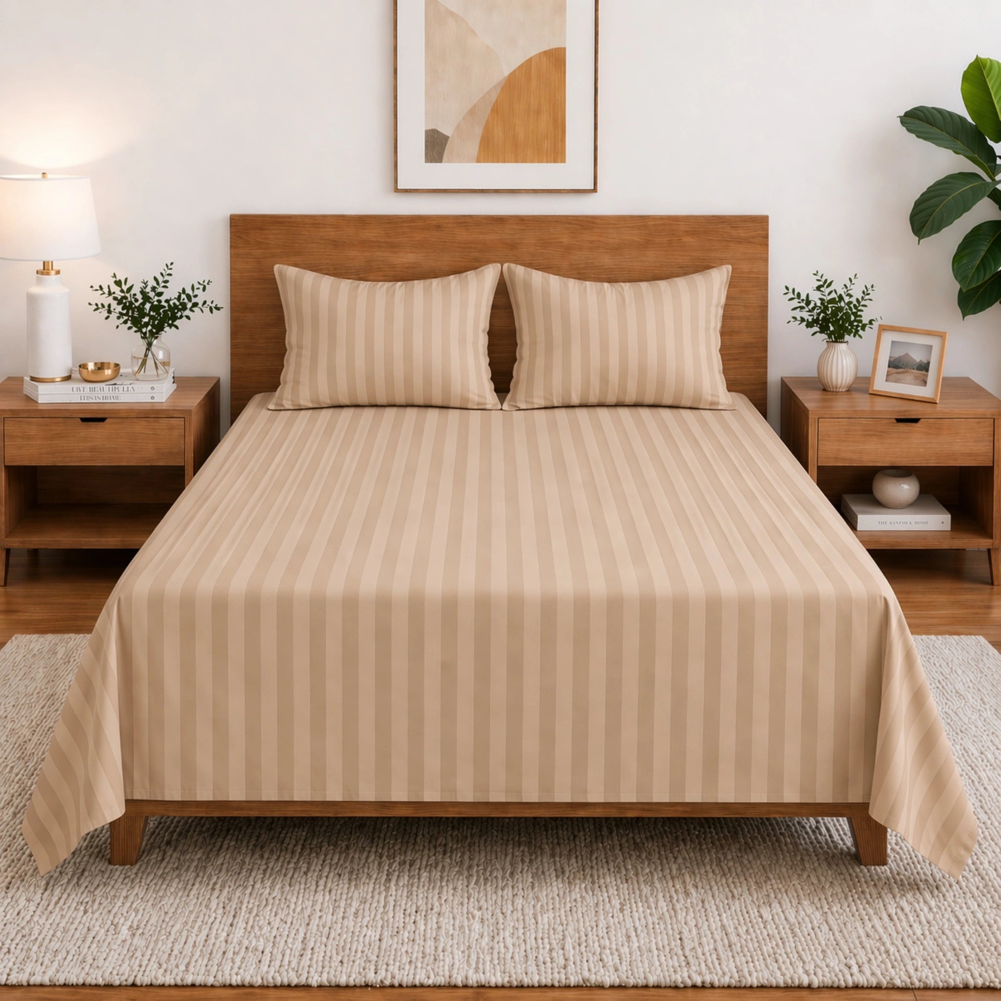 Homecrown Beige Satin Stripe Glace Cotton Double Bedsheet with 2 Pillow Covers (90 x 100 in) | Bedsheet | Homecrown
