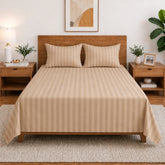 Homecrown Beige Satin Stripe Glace Cotton Double Bedsheet with 2 Pillow Covers (90 x 100 in) | Bedsheet | Homecrown
