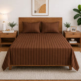 Homecrown Brown Satin Stripe Glace Cotton Double Bedsheet with 2 Pillow Covers (90 x 100 in) | Bedsheet | Homecrown