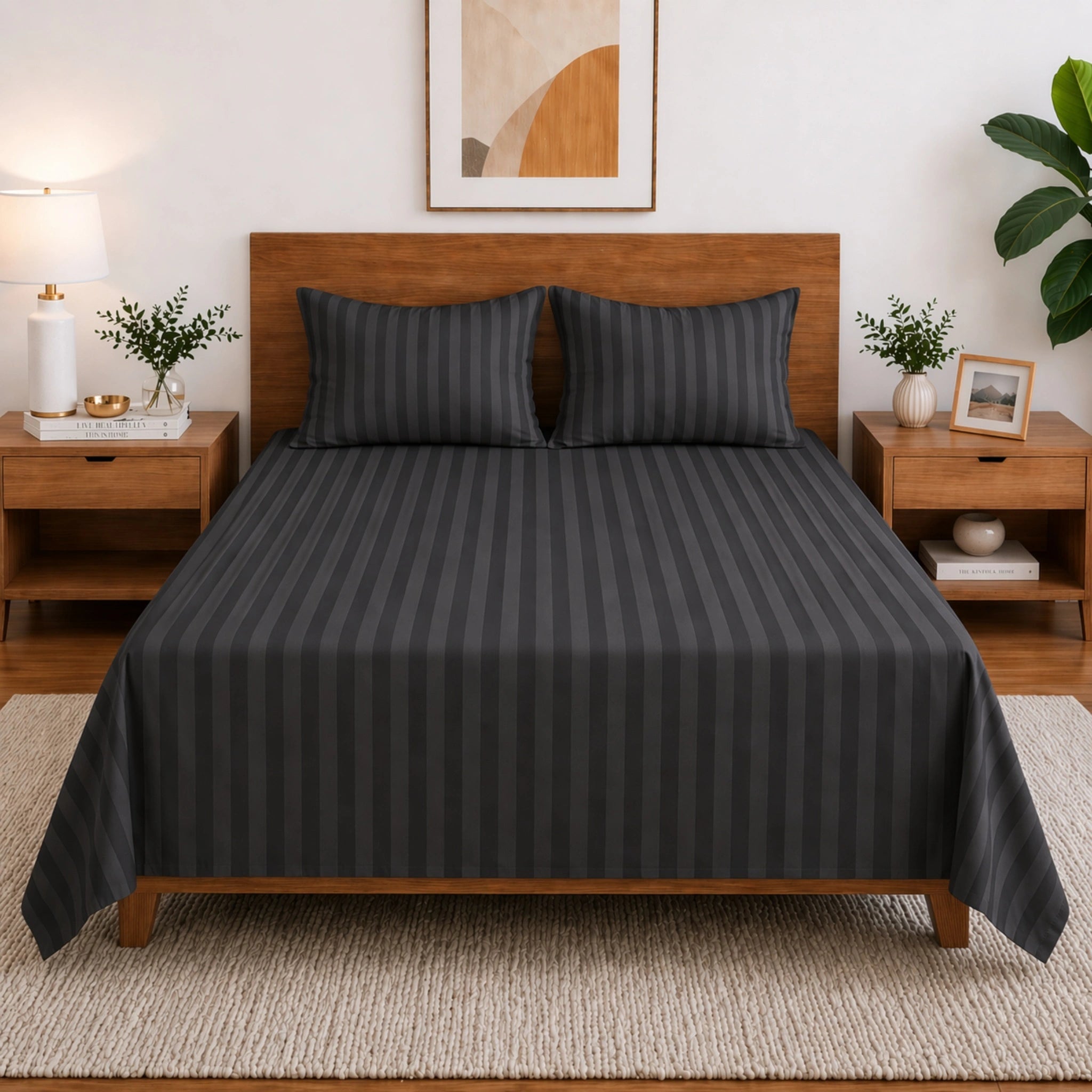 Homecrown Grey Satin Stripe Glace Cotton Double Bedsheet with 2 Pillow Covers (90 x 100 in) | Bedsheet | Homecrown