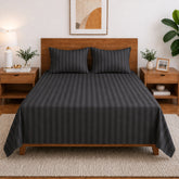 Homecrown Grey Satin Stripe Glace Cotton Double Bedsheet with 2 Pillow Covers (90 x 100 in) | Bedsheet | Homecrown