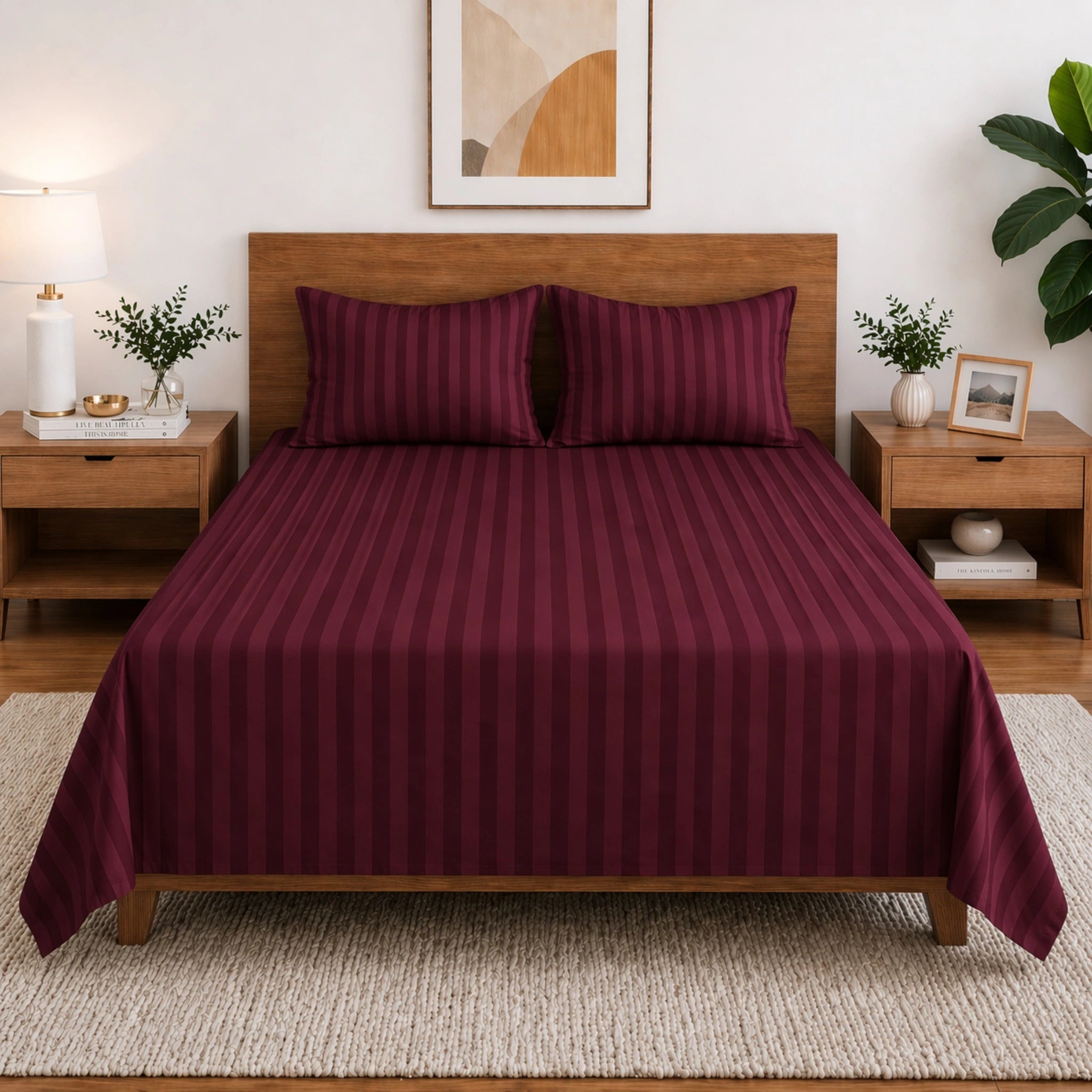 Homecrown Maroon Satin Stripe Glace Cotton Double Bedsheet with 2 Pillow Covers (90 x 100 in) | Bedsheet | Homecrown