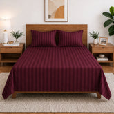 Homecrown Maroon Satin Stripe Glace Cotton Double Bedsheet with 2 Pillow Covers (90 x 100 in) | Bedsheet | Homecrown