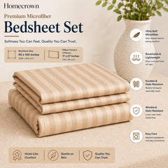 Homecrown Beige Satin Stripe Glace Cotton Double Bedsheet with 2 Pillow Covers (90 x 100 in) | Bedsheet | Homecrown