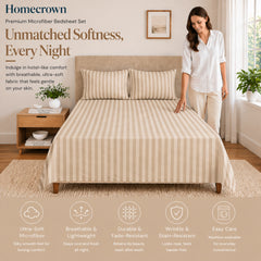 Homecrown Beige Satin Stripe Glace Cotton Double Bedsheet with 2 Pillow Covers (90 x 100 in) | Bedsheet | Homecrown