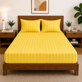 Homecrown Glace Cotton Elastic Fitted Double Bedsheet with 2 Pillow Covers – 360° Fit, Striped Yellow | Bedsheet | Homecrown