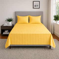 Homecrown Yellow Satin Stripe Glace Cotton Double Bedsheet with 2 Pillow Covers (90 x 100 in) | Bedsheet | Homecrown
