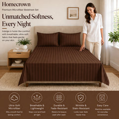 Homecrown Brown Satin Stripe Glace Cotton Double Bedsheet with 2 Pillow Covers (90 x 100 in) | Bedsheet | Homecrown